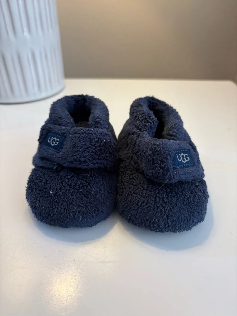 UGG Navy Plush Baby Booties with Hook-and-Loop Strap